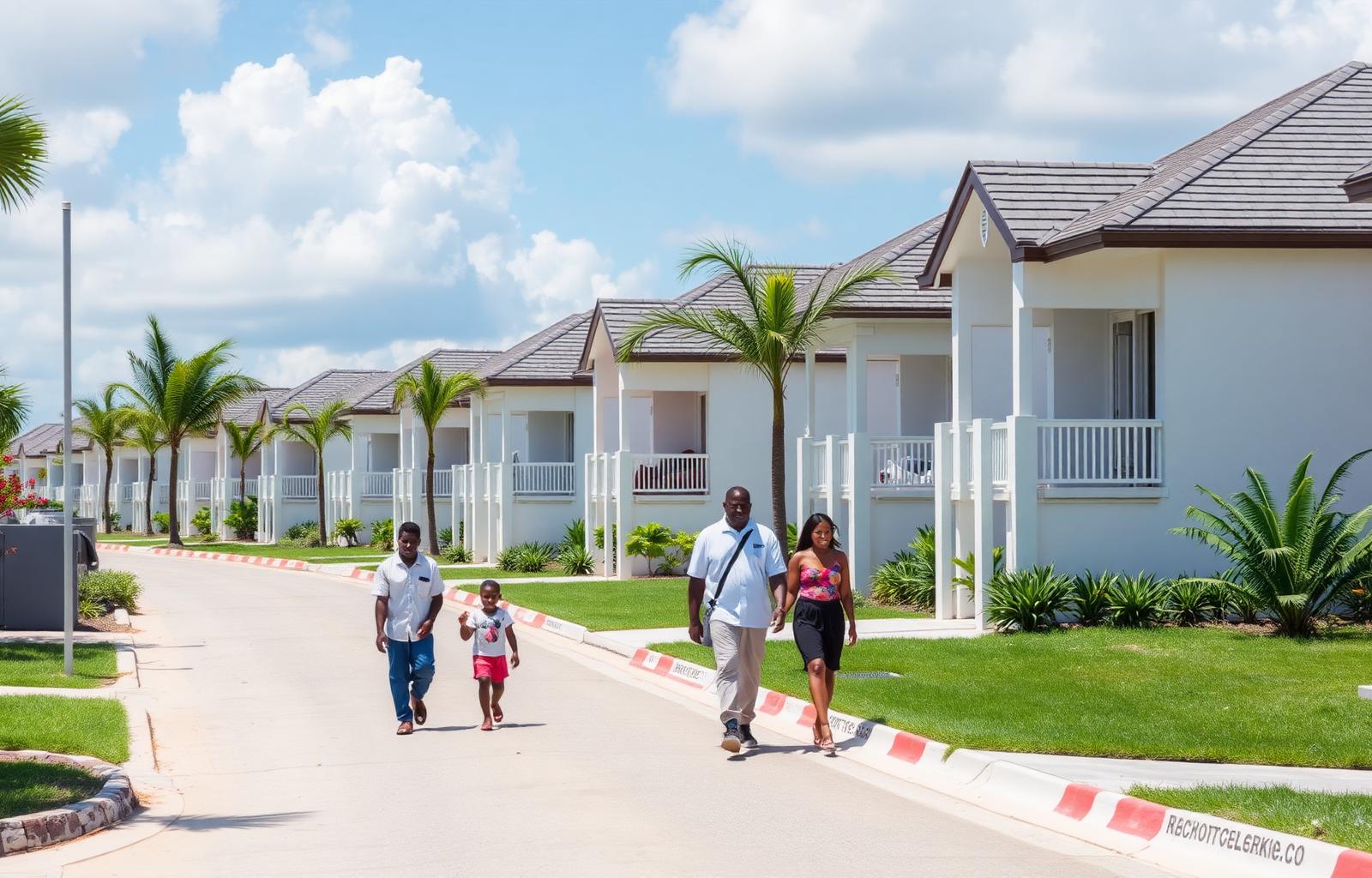 Families walking through a planned government subdivision
